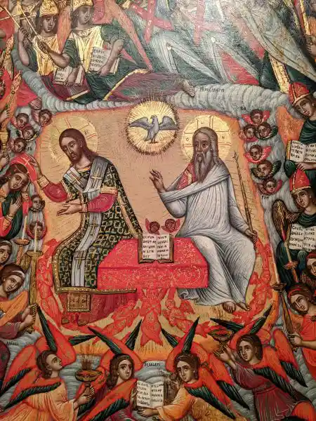 Icon of the depiction of Heavenly Liturgy, featuring the Holy Trinity surrounded by Angels